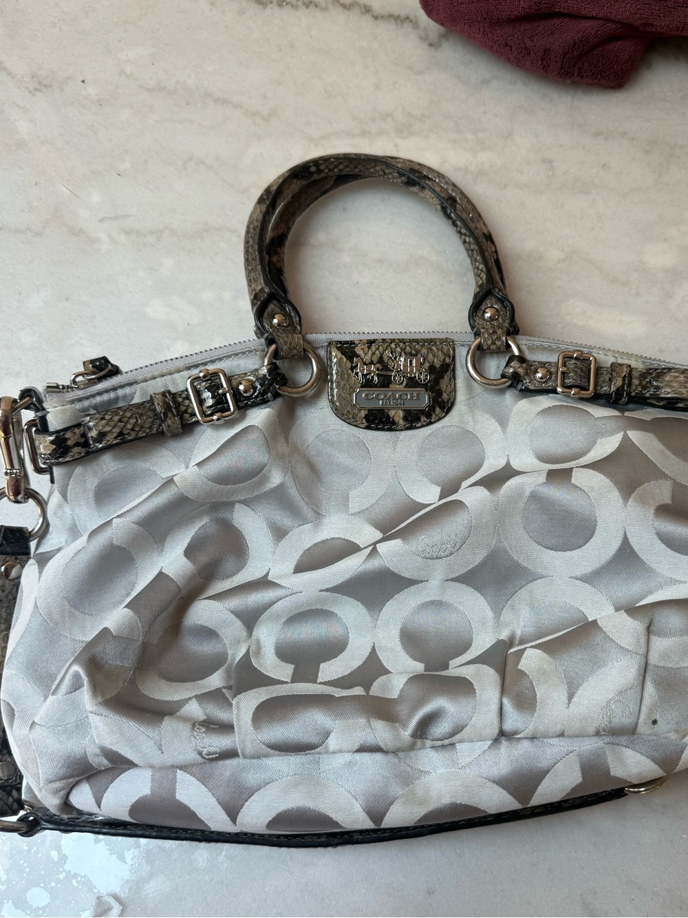 100% Authentic Coach Gray & Snake-Print Trim Satchel